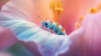Poster - Colorful Caterpillar on Delicate Flower Petal with Soft Background