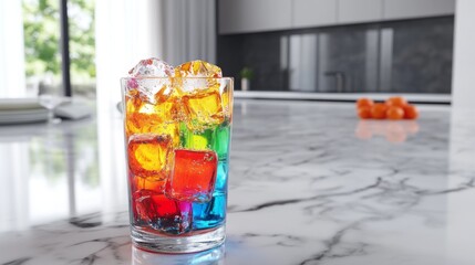 Poster - Colorful Layered Drink with Ice Cubes in a Modern Kitchen Setting