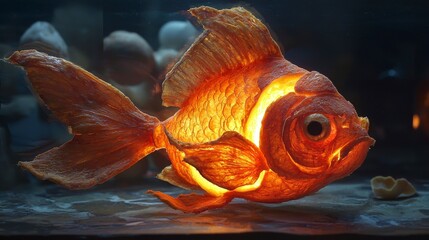 Poster - Intricate goldfish sculpture orange peel art installation in an illuminated underwater environment