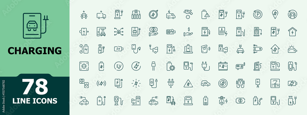 Charging icons set. Featuring electrical, transport, load, power, plug ...