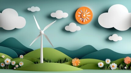 Wall Mural - Sustainable energy concept with a wind turbine standing tall in a picturesque countryside landscape  Green rolling hills snow capped mountains and a bright sun in a cloudy sky create an idyllic