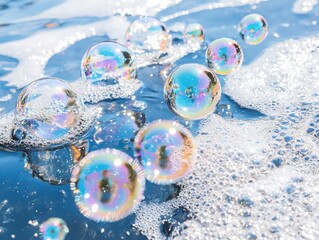 Poster - Bubbles rising soapy water artistic depiction playful reflections bright environment colorful patterns