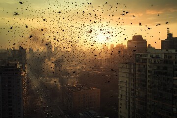 Wall Mural - Insects swarm urban sunset cityscape.