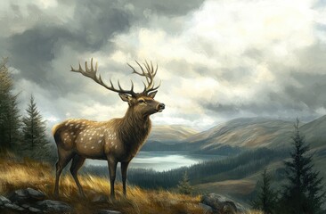 Wall Mural - A majestic deer with impressive antlers stands in the Scottish Highlands, its coat shimmering under the sunlight