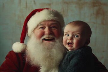 Wall Mural - Jolly noel, Ñute baby boy grieving with santa claus. Christmas advertising conceptual art graphic for flyer and social platforms use. Holiday family photos. Santa claus sitting baby.