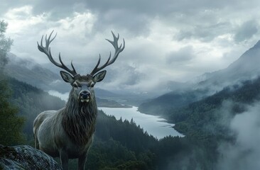 Wall Mural - A majestic deer with impressive antlers stands in the Scottish highlands, overlooking an ancient loch and forested hills under dramatic clouds