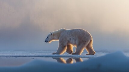 Wall Mural - Majestic polar bear walking on ice, serene arctic sunrise.
