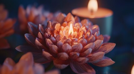 Poster - Buddhist lent candle shaped flowers serene temple closeup image tranquil environment artistic viewpoint cultural concept