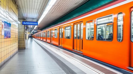 Poster - Vibrant Orange Subway Train Departing from Modern Station Platform