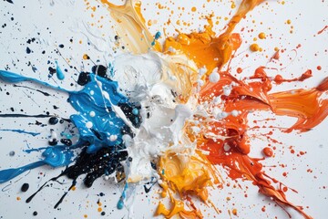 Poster - Colorful paint drops merging in water abstract art white background vibrant swirls and patterns artistic representation for visual impact