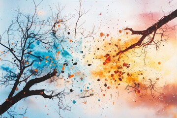 Poster - Merging colorful paint drops in water artistic representation vibrant swirls and patterns against a white background