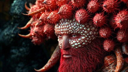 Poster - Intricately carved rambutan shell faces artistic display studio setting close-up view unique concept