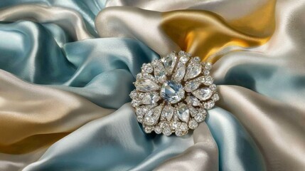 Poster - Elegant Brooch Adorning Luxurious Silk Fabric in Soft Tones