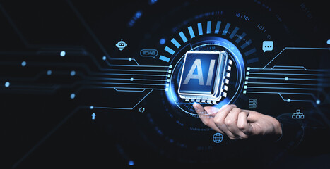 Poster - Futuristic hand holding AI technology chip with holographic interface and digital icons on tech-themed background.