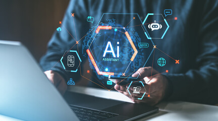 Fototapete - AI assistant concept with holographic virtual interface displaying chatbot, messages, and tech icons on a digital screen over a laptop.
