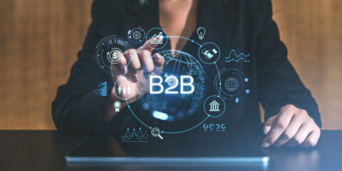 Poster - digital representation of b2b business network with icons on a futuristic interface background.