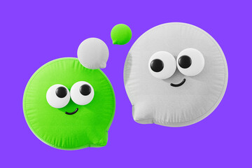 Leinwandbilder - Cute green and white plush bubble characters with big cartoon eyes on a vibrant purple background. 3D Rendering