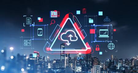 Poster - cloud storage concept with icons over cityscape at night.
