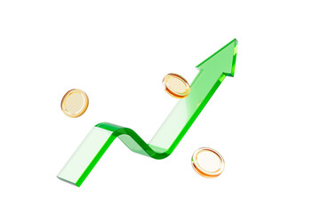 Poster - Green upward arrow with coins symbolizing financial growth and success on white background. 3D Rendering