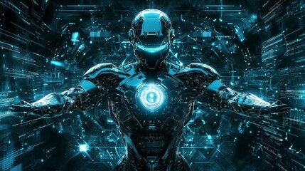Poster - Futuristic robot with outstretched arms digital art sci-fi environment cybernetic concept high-tech viewpoint