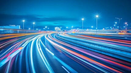Poster - Vibrant Light Trails on Urban Highway at Night with Cityscape Background