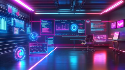 Aufkleber - Futuristic it services office with glowing displays modern city digital workspace high-tech environment aesthetic viewpoint