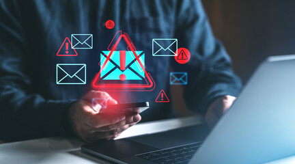 Poster - email spam alert icons on a digital device screen in a dark workspace.