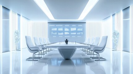Poster - Futuristic government panel room with glowing elements modern city digital meeting space bright aesthetic innovative approach