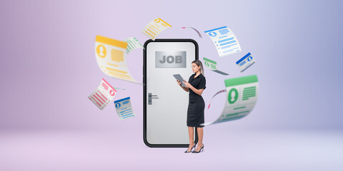 Poster - woman holding a tablet near a door labeled 