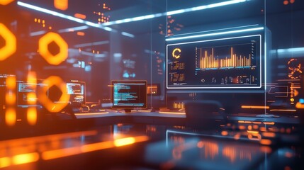 Aufkleber - High-tech financial headquarters showcasing advanced technology and data insights in a modern office environment
