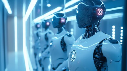 Fototapete - High-tech recruitment center featuring advanced robotics futuristic environment digital innovation urban setting