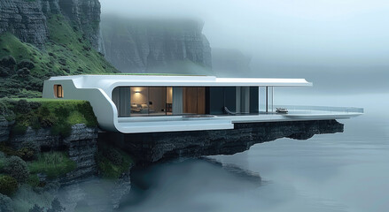 Poster - Modern white villa standing on a cliff with small green garden in island, foggy view in background.