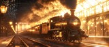 An antique steam locomotive steaming through a beautifully lit station, capturing the essence of vintage travel and industrial history in a stunning warm glow.