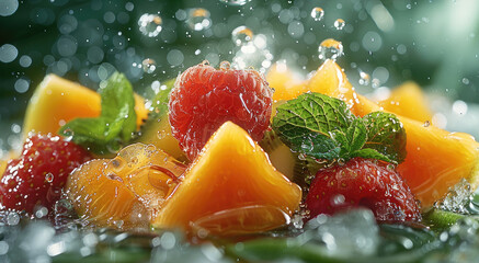 Poster - Splash of fresh fruit pieces with green background and ice around.