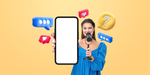 Poster - Woman holding smartphone mockup with blank screen and a micropho