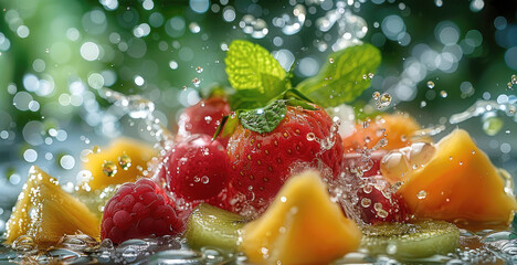 Poster - Splash of fresh fruit pieces with green background and ice around.