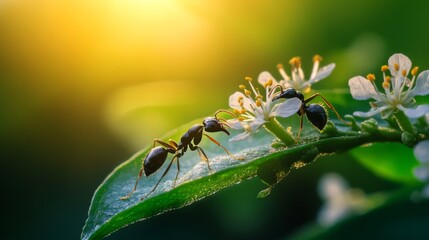 Poster - Ants on a Leaf Surrounded by Blossoms in Golden Hour Light