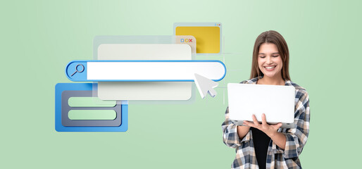 Poster - Woman using laptop with search bar interface on green background