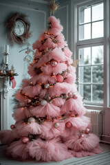 Wall Mural - Decorative Christmas tree, pink tutu made of layers and layers of very dreamy, interior design.