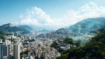 Poster - a cityscape with a virtual twin overlay indicating earthquake safety zones and evacuation routes lea