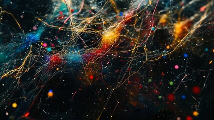 Poster - Abstract Colorful Network of Threads and Particles in Dark Background