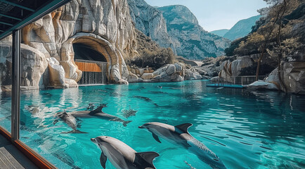 Poster - Marine Aquarium that is partially covered and the other part open to a clear water cove with large mountains surrounding it. Inside the water inside the marine aquarium are several baby.