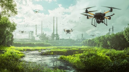 Poster - Drones surveying lush green landscape recovering from industrial impact wetland aerial view environmental restoration