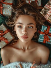 Canvas Print - Beautiful female model with lots of presents surrounding her, top view.