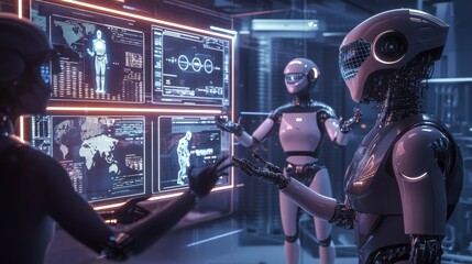 Aufkleber - Engaging technology robots partnering with managers in a futuristic office environment