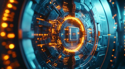 Fototapete - Advanced ai-driven digital vault technology unveiled at virtual security summit in a high-tech environment