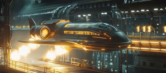 Poster - Futuristic spacecraft launching from advanced facility sci-fi scene high-tech environment dynamic perspective