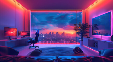 Poster - Illustrated Neon Gaming room with a big window.