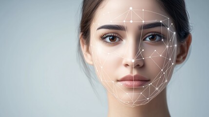 Wall Mural - portrait of a woman with a digital facial recognition grid overlay. technology, biometrics, and the 