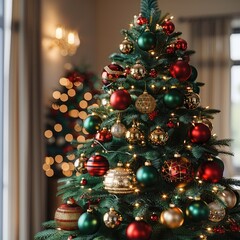 Aufkleber - A beautifully decorated Christmas tree with ornaments in green, red, and gold, accented by natural wooden decorations.